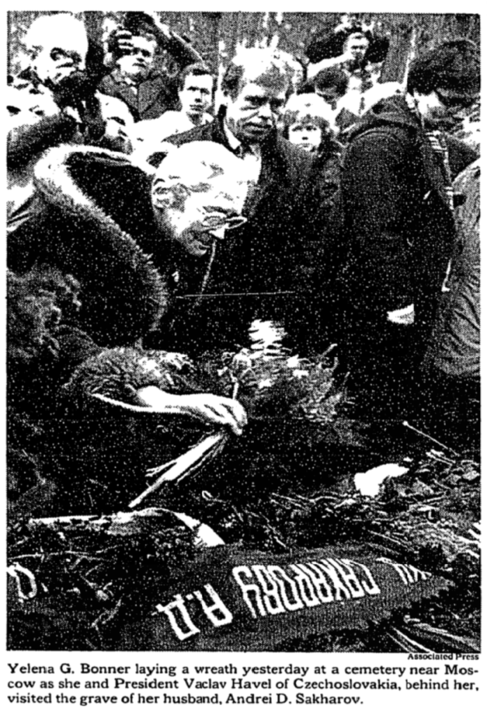New York Times, 28 February 1990. Yelena G. Bonner laying a wreath yesterday at a cemetery near Moscow as she and President Václav Havel of Czechoslovakia, behind her, visited the grave of her husband, Andrei Sakharov.
